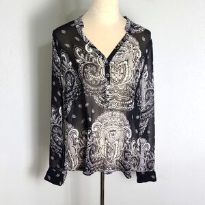 a.n.a. Black & White Sheer Longsleeve Paisley Top, Size Large
